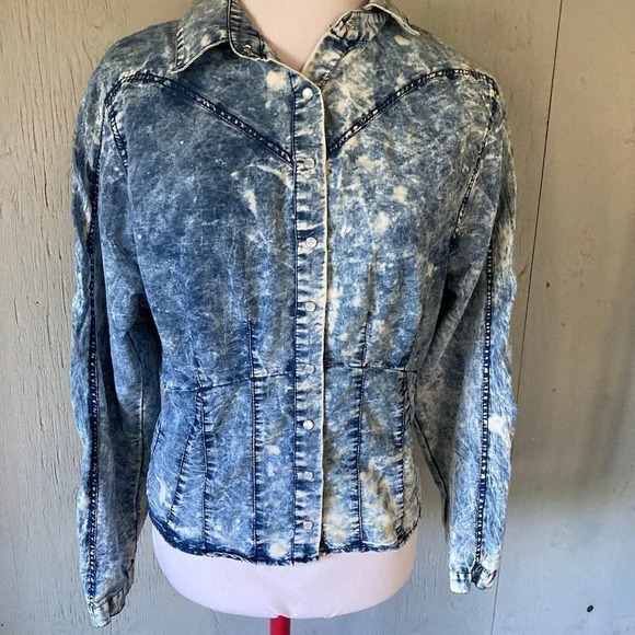 Thrill Jeans Denim Shirt, Medium, Pearl Snap‎ 80's Acid Washed Western Smocking - Picture 4 of 12